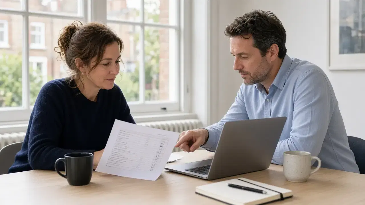 Two colleagues at a meeting table, one pointing at a laptop while the other holds a printed checklist, with mugs and a notebook on the desk