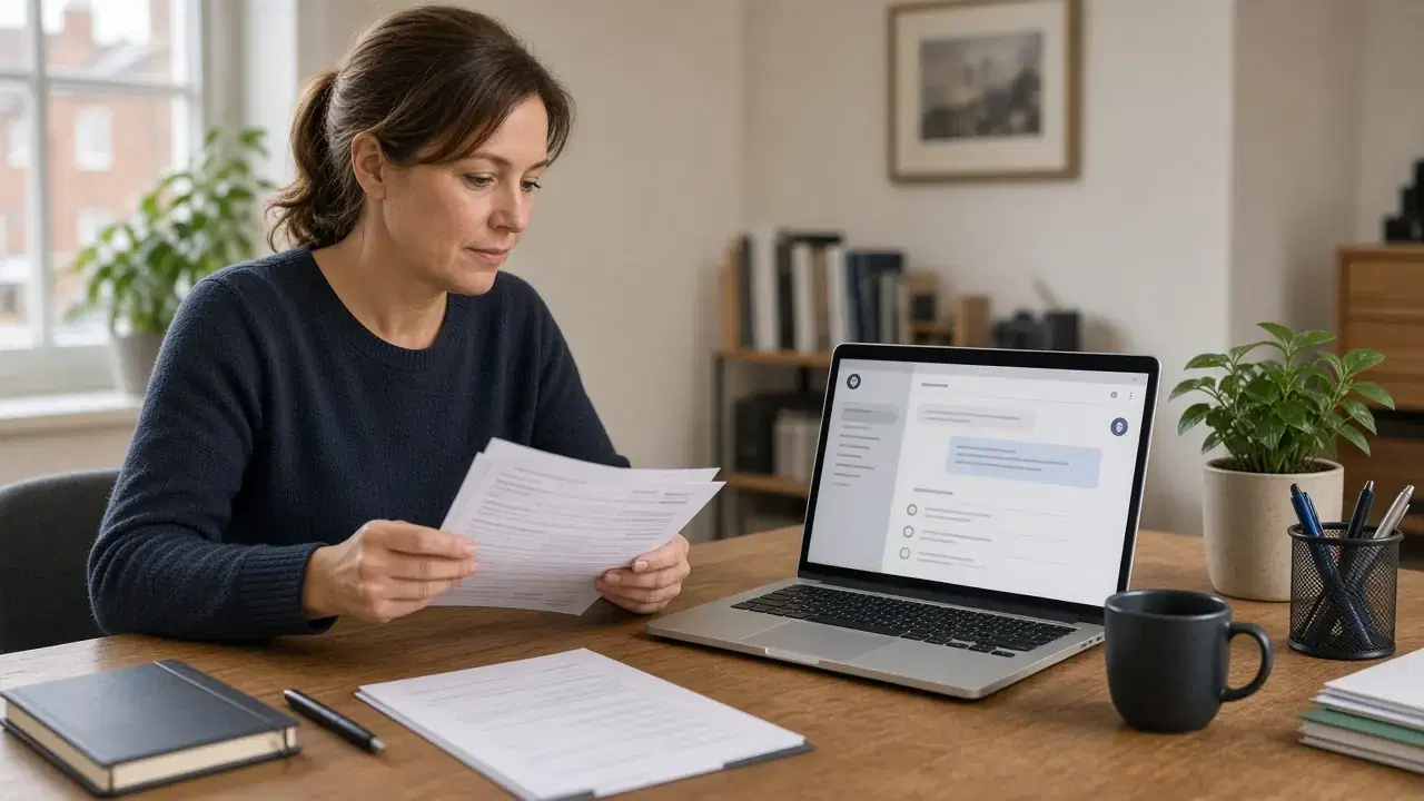 Une personne à un bureau examine des factures papier à côté d'un ordinateur portable qui affiche un assistant simple