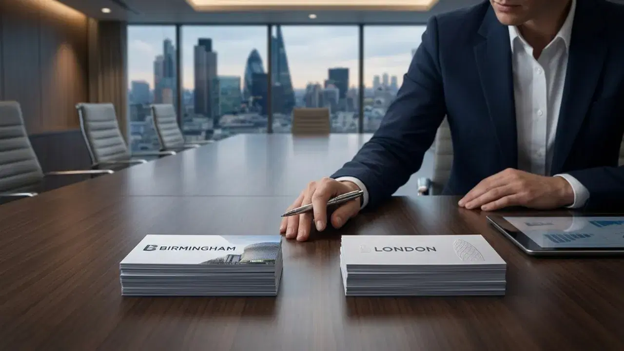 A man in a suit at a boardroom table with a pen, choosing between two stacks of cards labelled Birmingham and London, with a city skyline behind