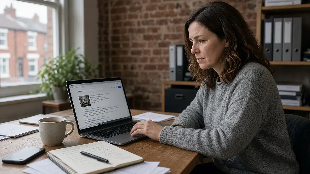 A woman in a grey jumper reviewing search results on a laptop at a wooden desk in a small UK office, with a mug of tea, a notebook and a window onto red-brick terraced houses