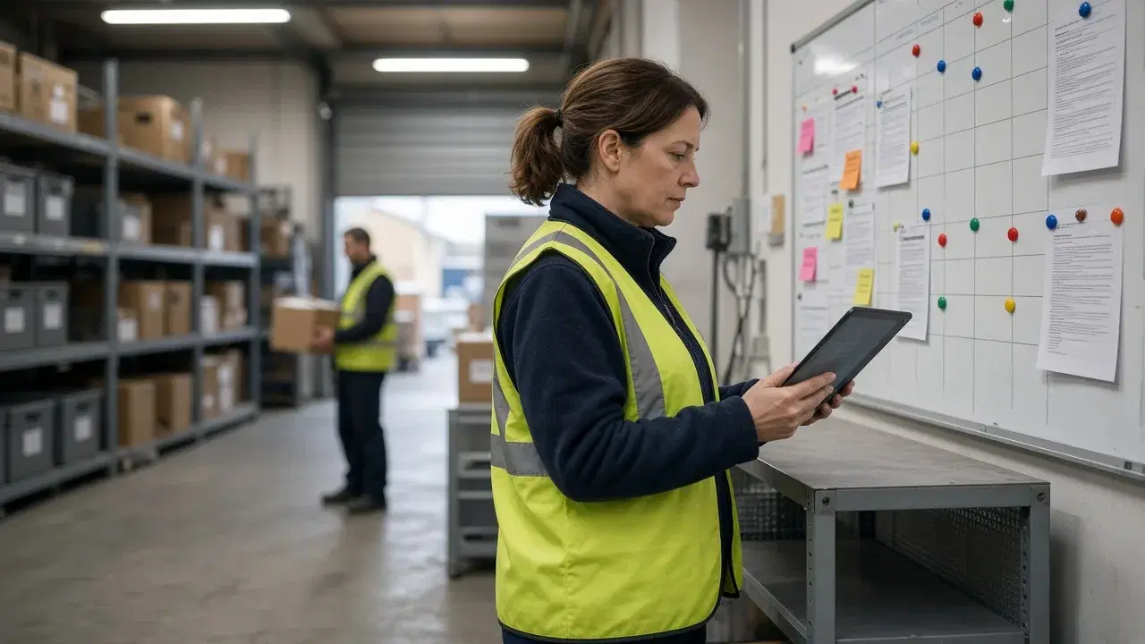 An operations coordinator in a hi-vis vest checks a tablet against a whiteboard of printed job sheets, magnets and sticky notes in a warehouse, while a colleague carries a box past the storage shelves