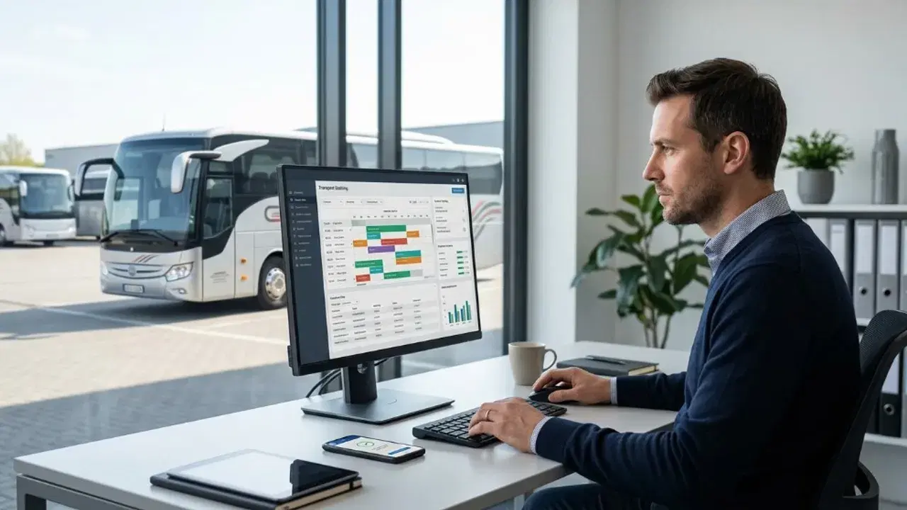 A man at an office desk looking at a transport scheduling dashboard on a monitor, with coaches parked outside the window behind him
