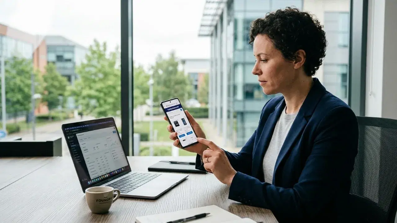 A businesswoman in a navy blazer checks her company website on a smartphone at an office desk by a large window, with an analytics dashboard open on her laptop