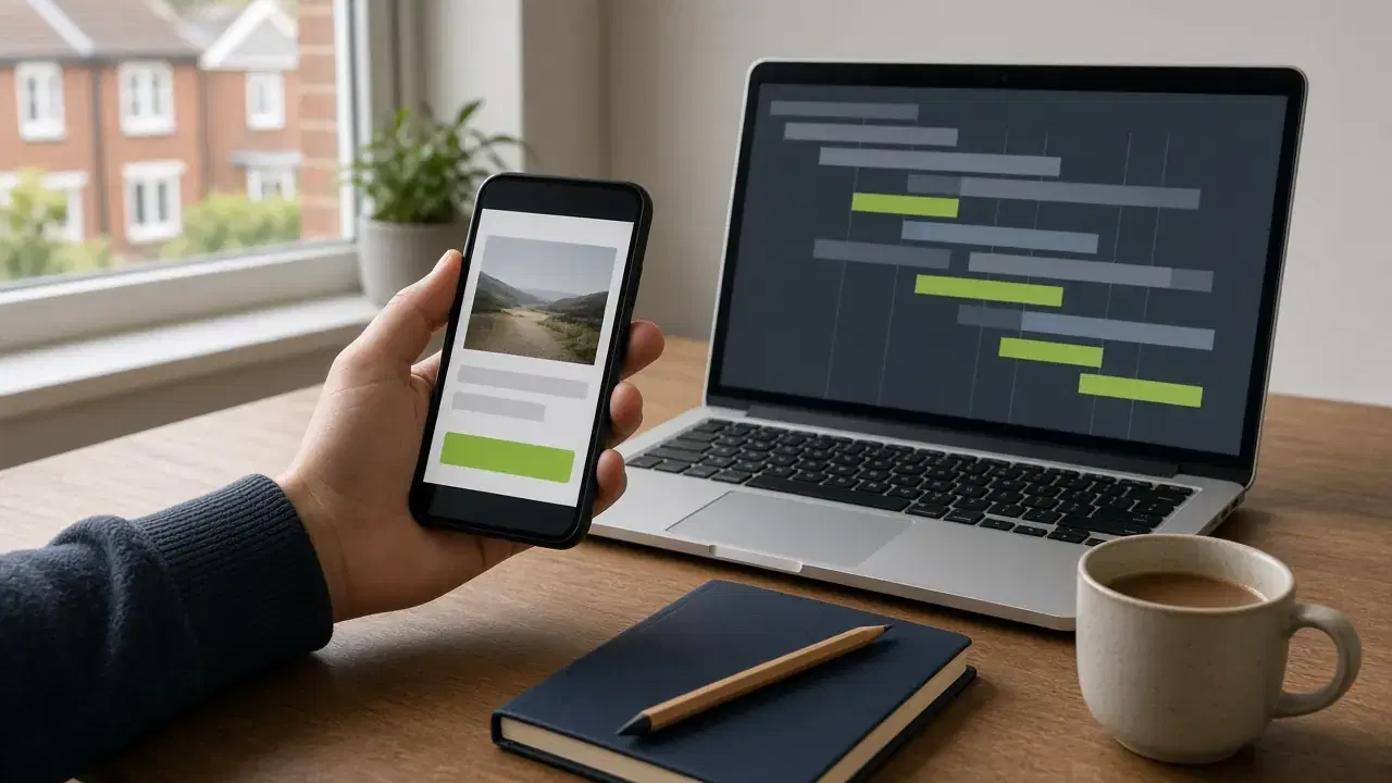 Une main tient un téléphone affichant une page simple et un bouton vert, devant un ordinateur dont l'écran montre une chronologie de performance sans libellés, sur un bureau en bois avec un carnet et un mug de thé