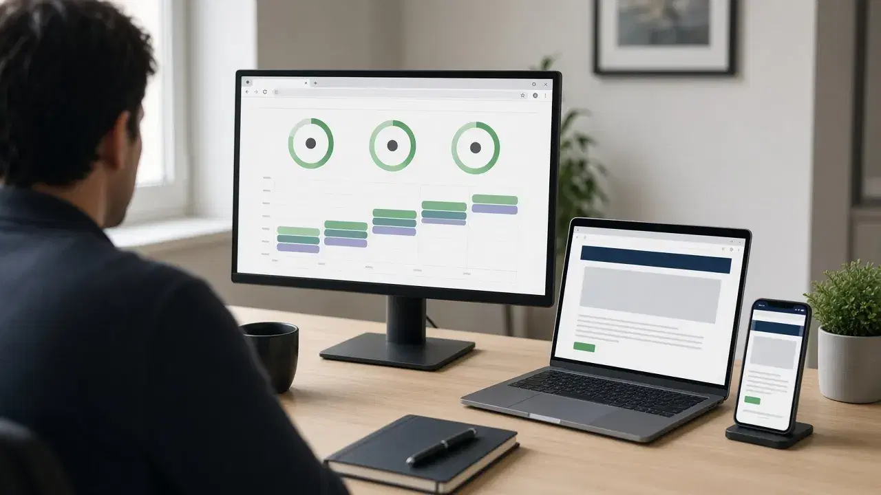 A web developer reviews a page speed report with three green score gauges on a desktop monitor, with the same website open on a laptop and a smartphone