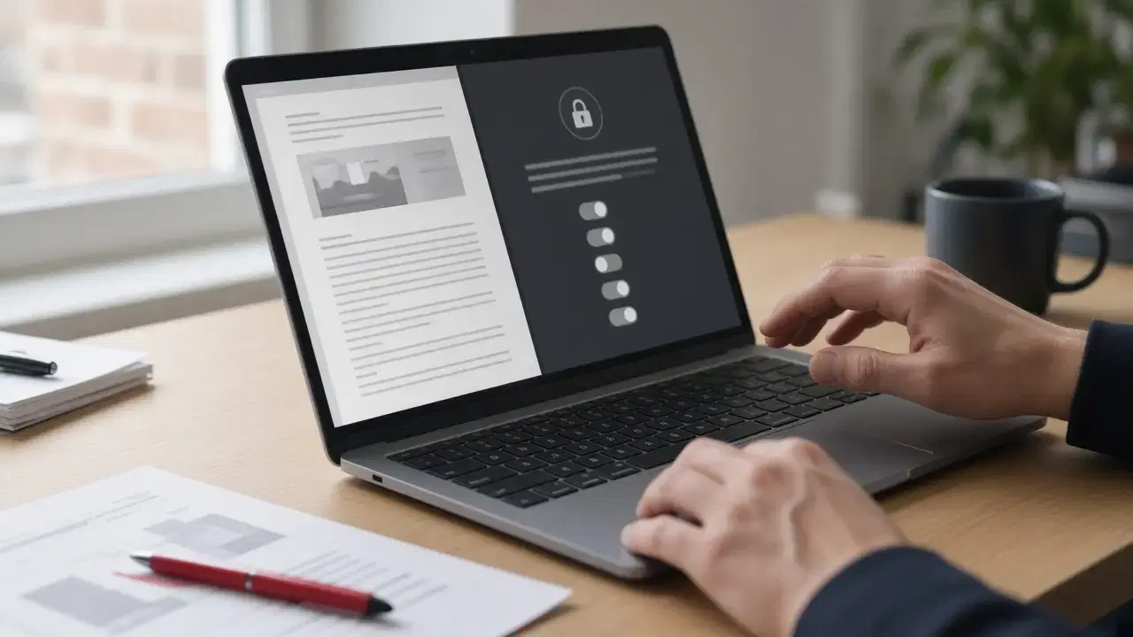 Des mains sur un ordinateur portable posé sur un bureau en bois, l'écran partagé entre un document et un panneau d'interrupteurs de droits avec un cadenas