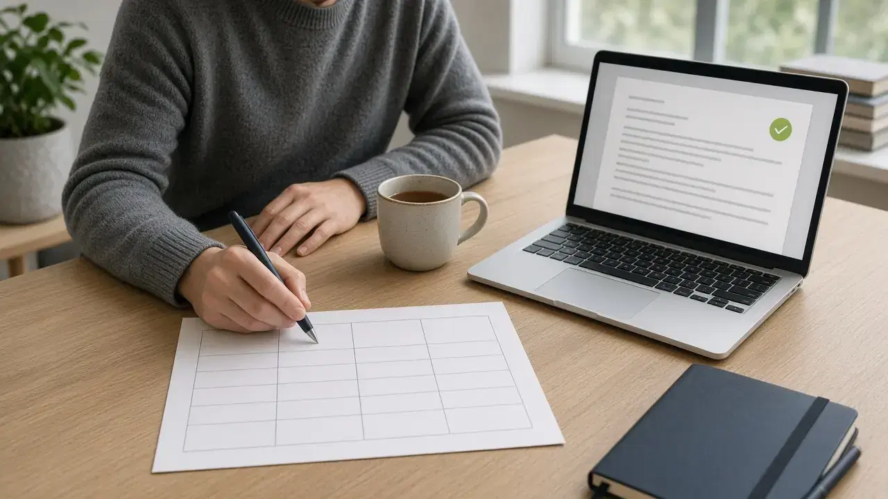 Une personne en pull gris coche une grille de planification vierge sur un bureau en bois, à côté d'un ordinateur portable qui affiche un document simple avec une coche verte et d'un mug de thé