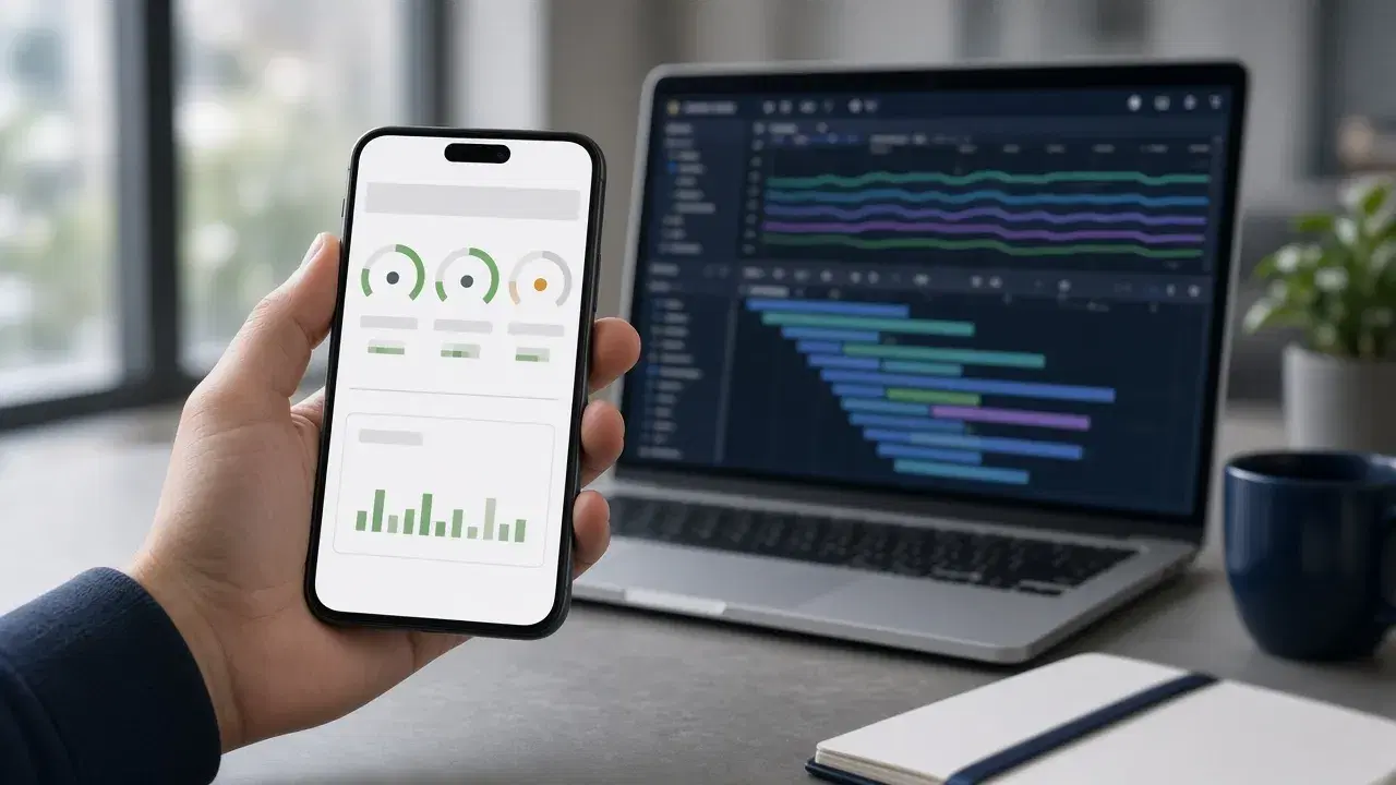 Une main tient un smartphone affichant un rapport de performance de site avec trois jauges de score, devant un ordinateur portable qui montre une chronologie de performance du navigateur et un graphique en cascade des requêtes réseau