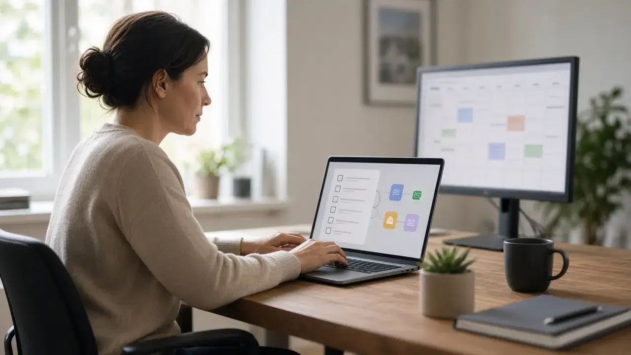Une femme à un bureau en bois utilise un ordinateur portable qui affiche une liste de tâches reliée à des icônes d'applications, avec un calendrier sur un second écran