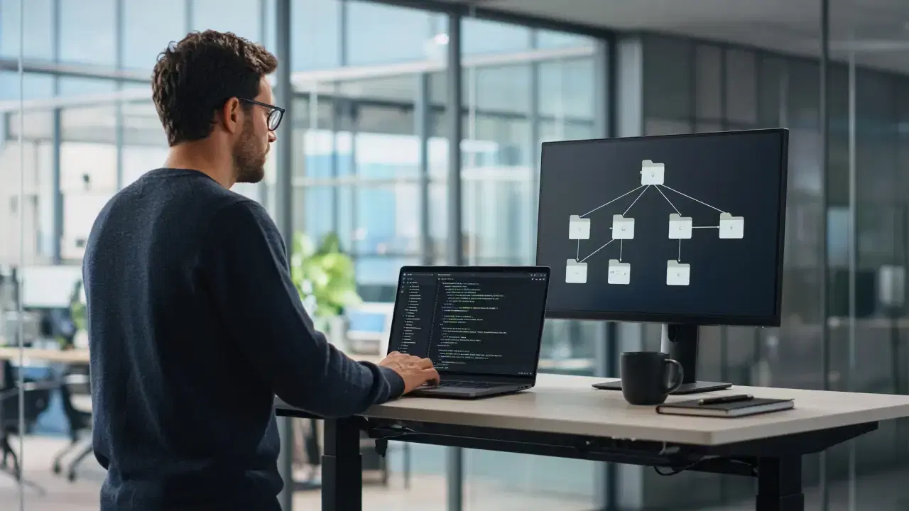 Un développeur à un bureau debout dans un open space vitré, avec du code sur un ordinateur portable et un arbre de dossiers sur un grand écran