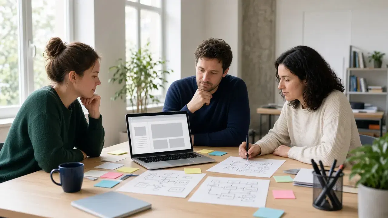 Trois collègues autour d'une table, avec un ordinateur portable qui montre un écran de produit simple et des notes esquissées