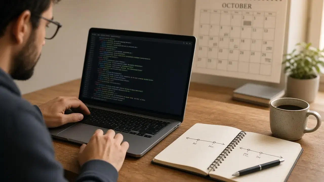 Un développeur tape sur un ordinateur portable avec un éditeur de code sombre, un calendrier mural d'octobre derrière l'écran, un café et un carnet avec une frise simple