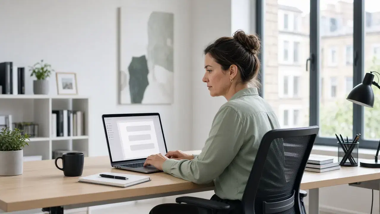 Une personne dans un bureau lumineux regarde un ordinateur portable qui affiche un assistant simple, de type messagerie