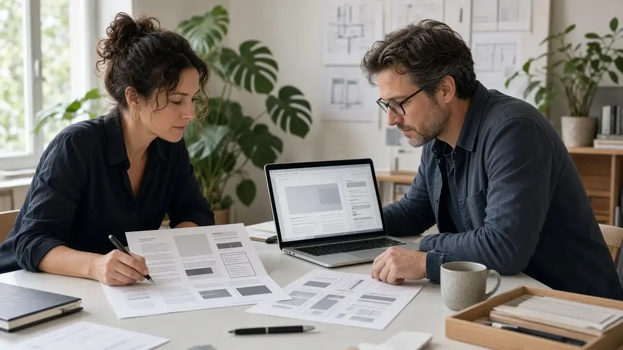 Deux personnes autour d'une table de studio examinent des mises en page imprimées, avec un ordinateur portable qui montre une maquette de page entre elles