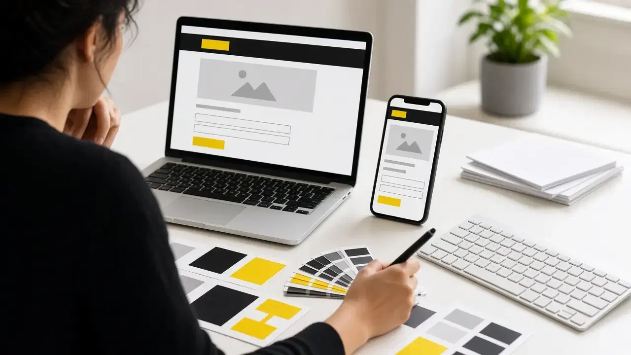 Une designer à un bureau blanc compare une page web sur un ordinateur portable et un téléphone, avec des nuanciers noir, blanc et jaune étalés devant elle