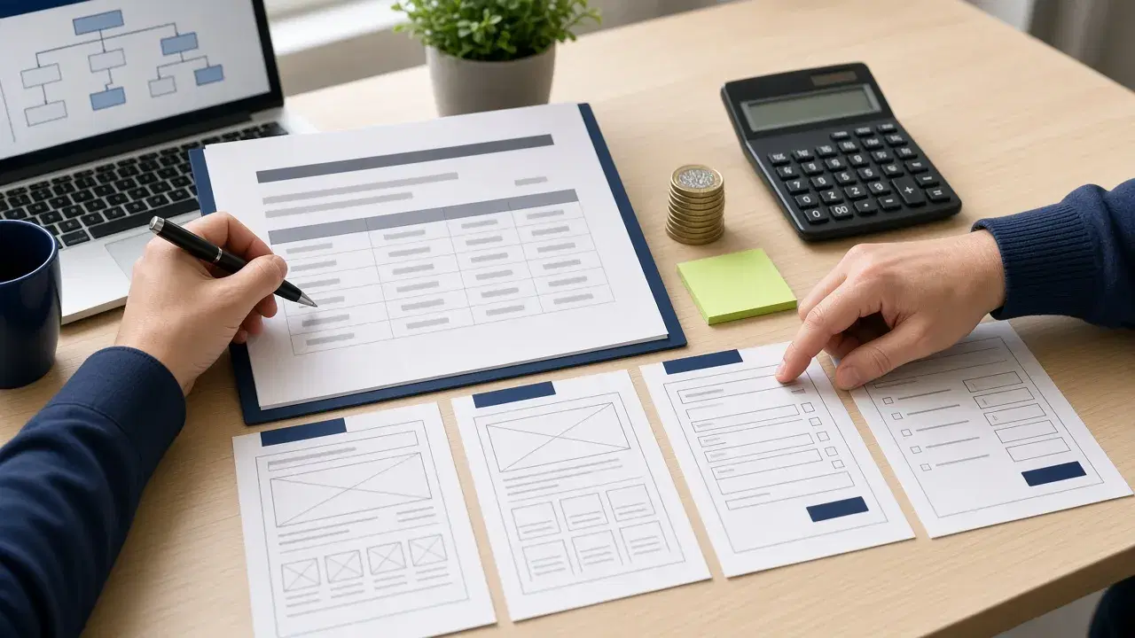 Two people scoping a website budget at a desk, with a printed cost breakdown, four paper wireframes for a home page, service page, booking form and checkout, a calculator, a stack of pound coins and a laptop showing a sitemap