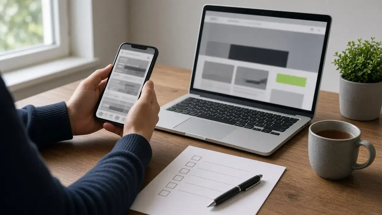 Des mains tiennent un téléphone dont la page est trop chargée, à côté d'un ordinateur portable qui affiche une mise en page plus simple, avec une liste vierge, un stylo, un mug de thé et une plante sur un bureau en bois