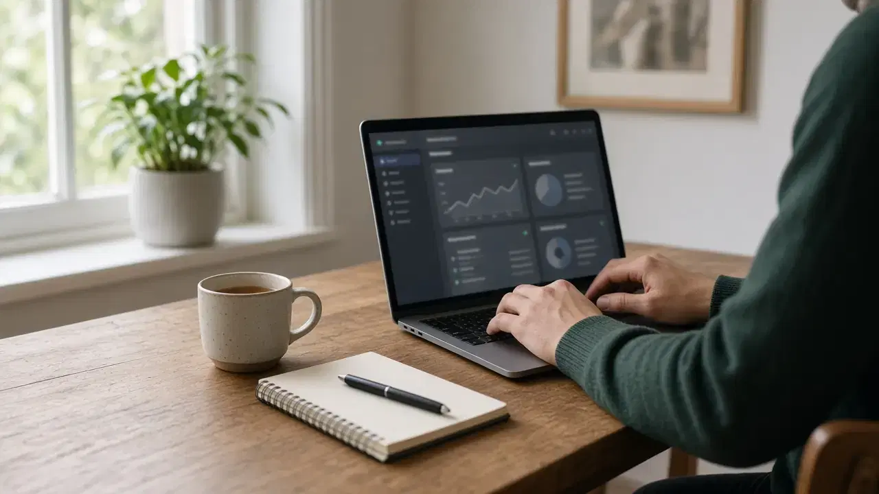 Une personne consulte des graphiques de performance d'un site sur un ordinateur portable, dans un bureau lumineux