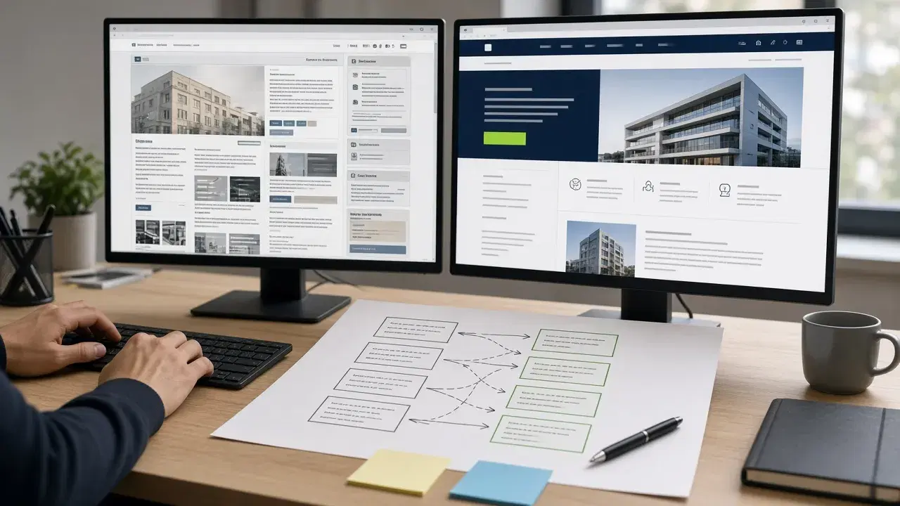 Two monitors side by side, the left showing a dated, cluttered business website and the right a clean modern redesign, above a paper redirect map linking old pages to new pages