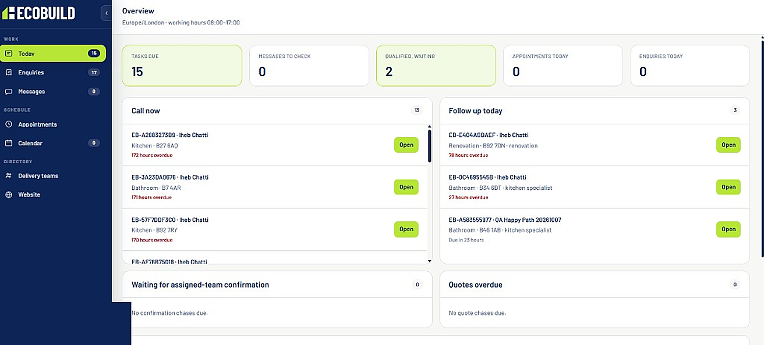 Ecobuild coordinator workspace showing tasks due, calls to make now and follow-ups