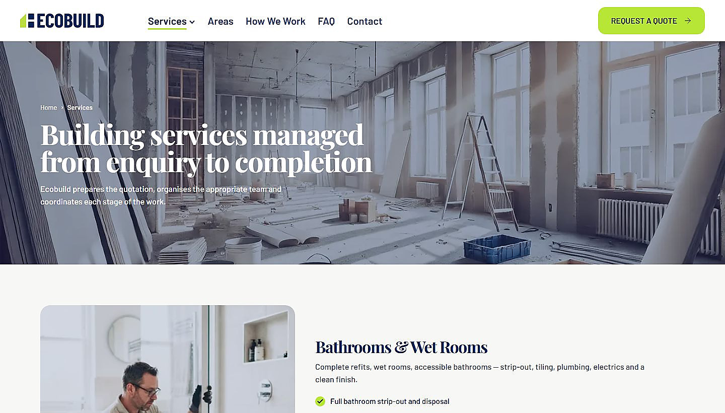 Ecobuild services page listing bathrooms, kitchens, renovations, extensions and roofing