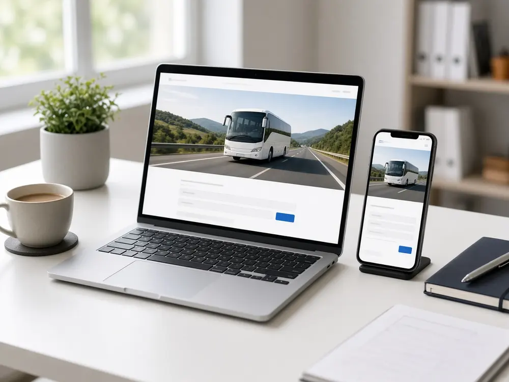 Laptop and phone showing a modern coach hire website with a coach photo and a short quote form