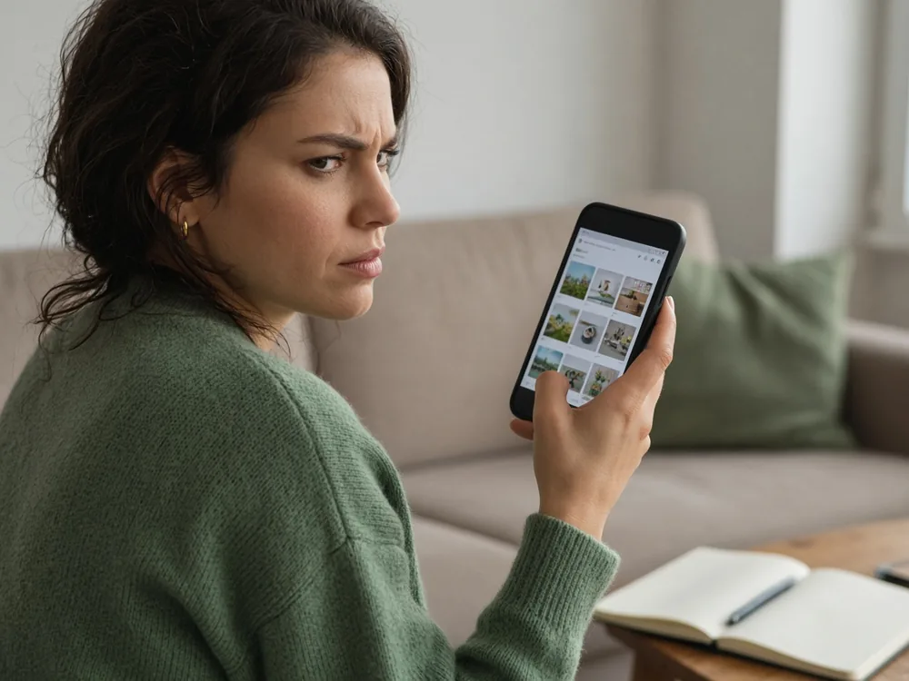 Customer looking frustrated at a cluttered coach hire website on her phone