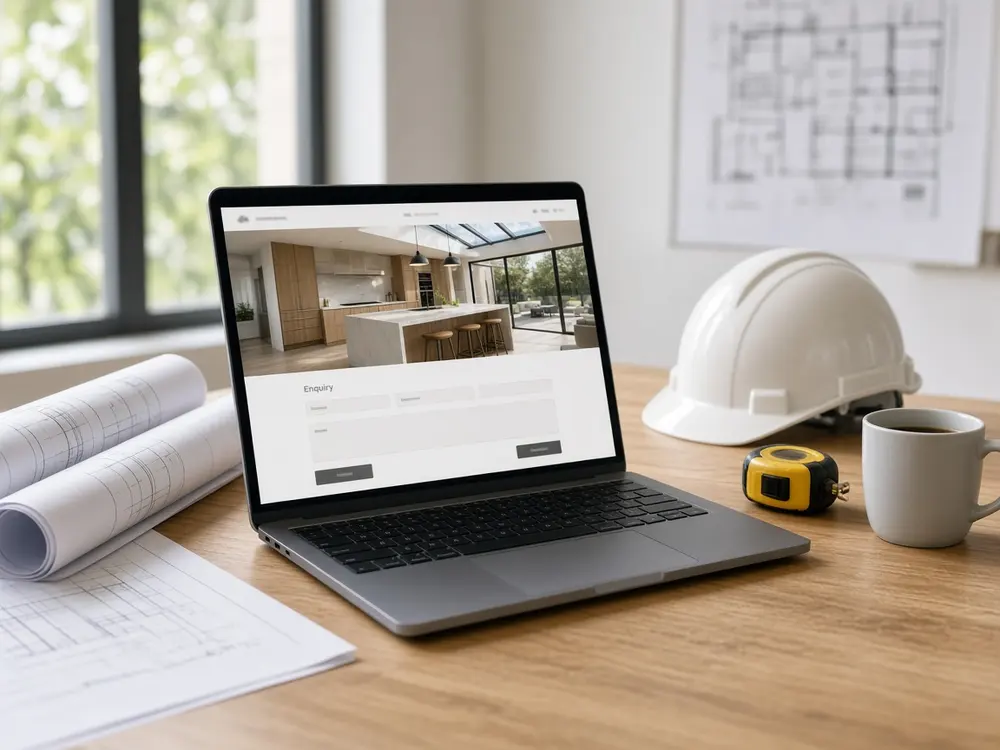 Laptop showing a construction company website with a finished kitchen extension and an enquiry form, beside plans and a hard hat