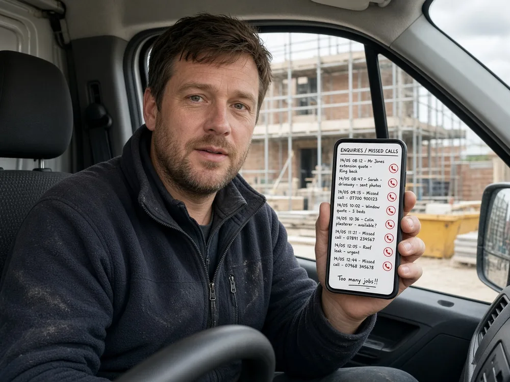 UK builder sitting in his white van at a construction site, holding his smartphone toward the camera showing a long list of unanswered enquiries and missed calls
