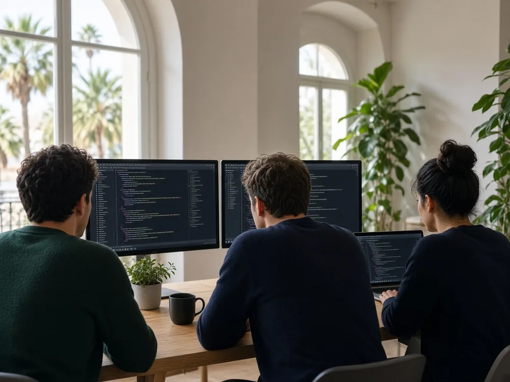 Developers working together at their screens in a bright office with arched windows and Mediterranean light