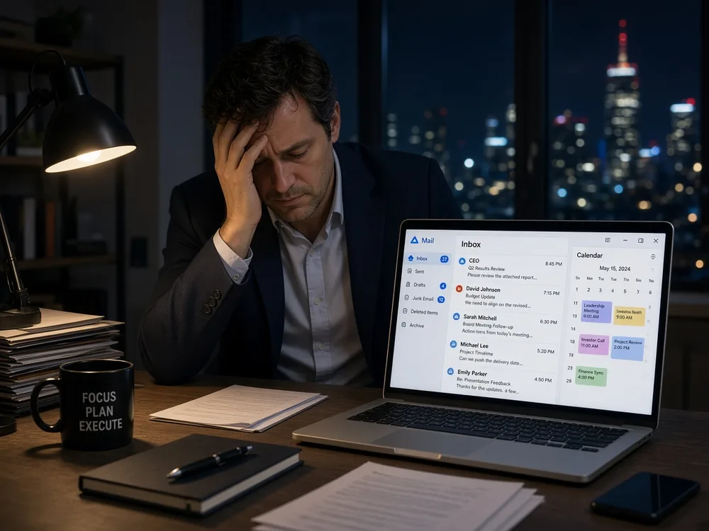 Stressed business manager alone at a desk late at night, laptop screen facing the camera showing an overloaded email inbox and a packed calendar