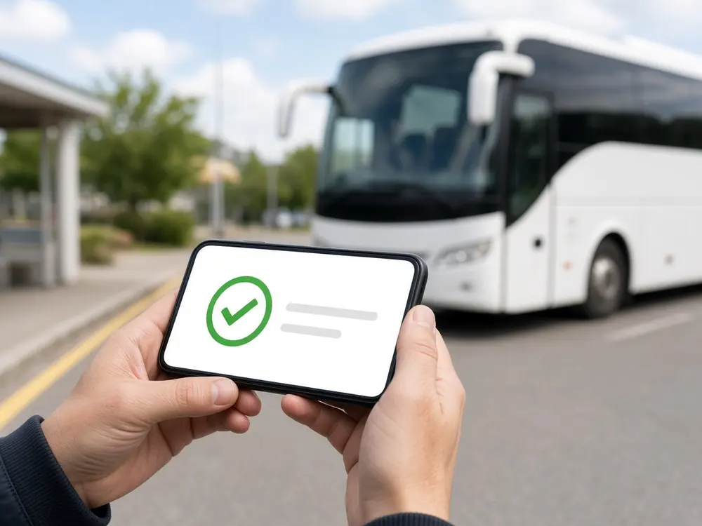 Customer holding a phone that shows a booking confirmation, with a coach waiting in the background