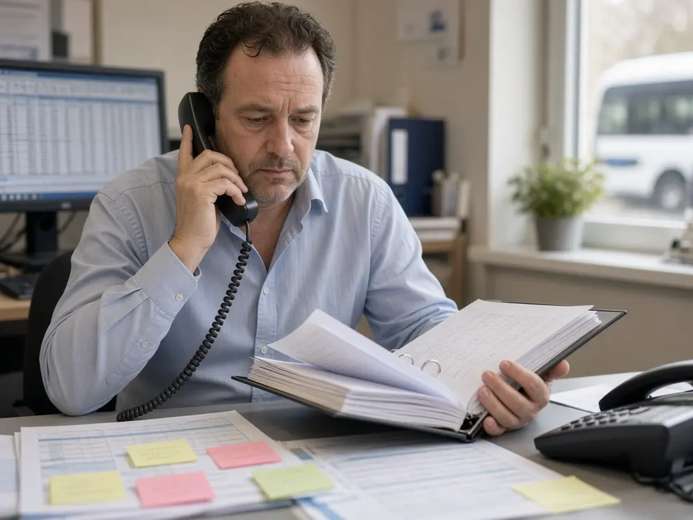 Coach company coordinator on the phone, checking a paper booking diary surrounded by sticky notes
